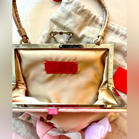 Used once! Valentino champagne satin purse w/ floral appliqué/ snakeskin handles - Picture 8 of 11